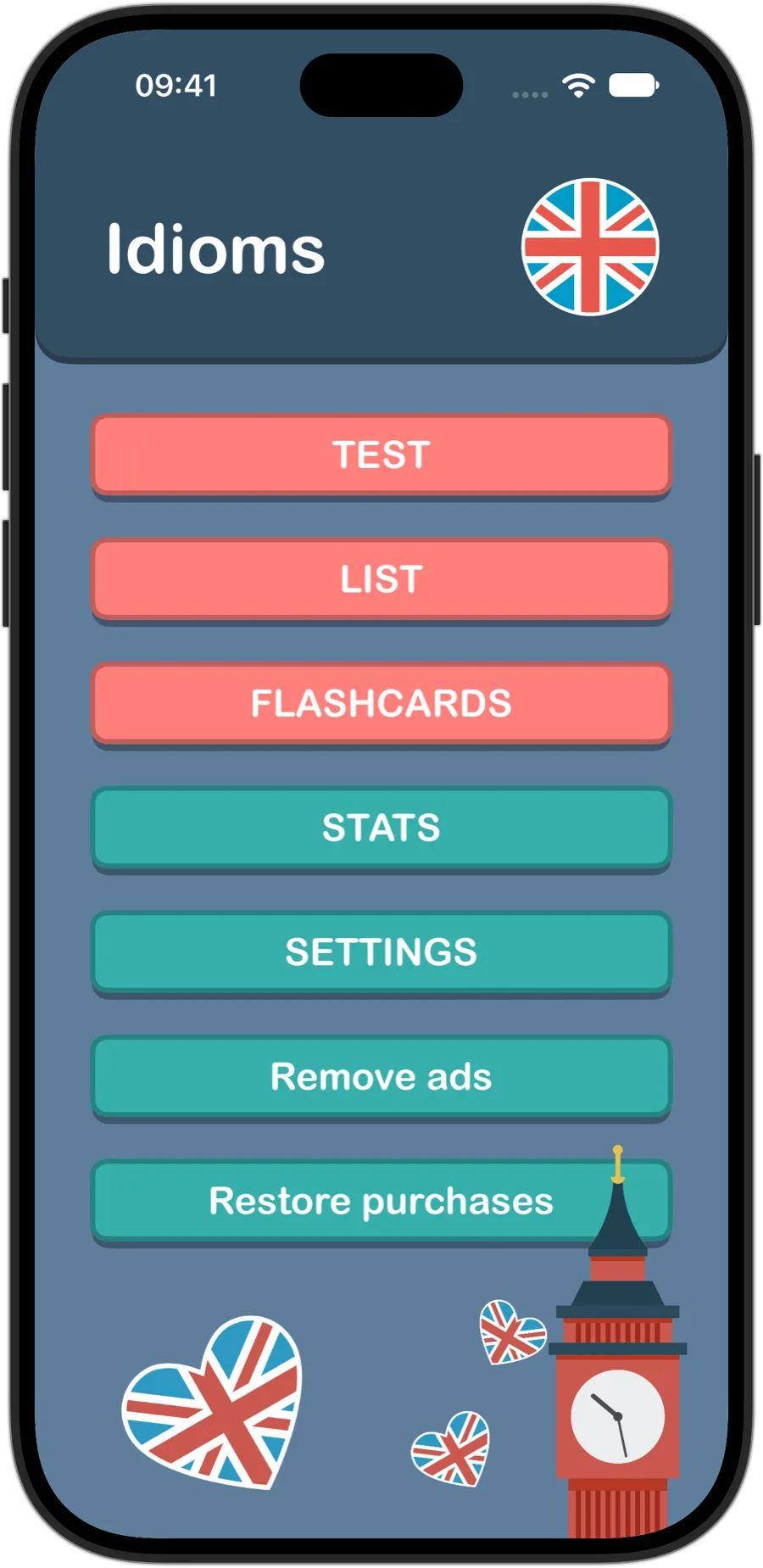 English Idioms home screen on iPhone 18 Pro, with Test, List, Flashcards, Stats and Settings